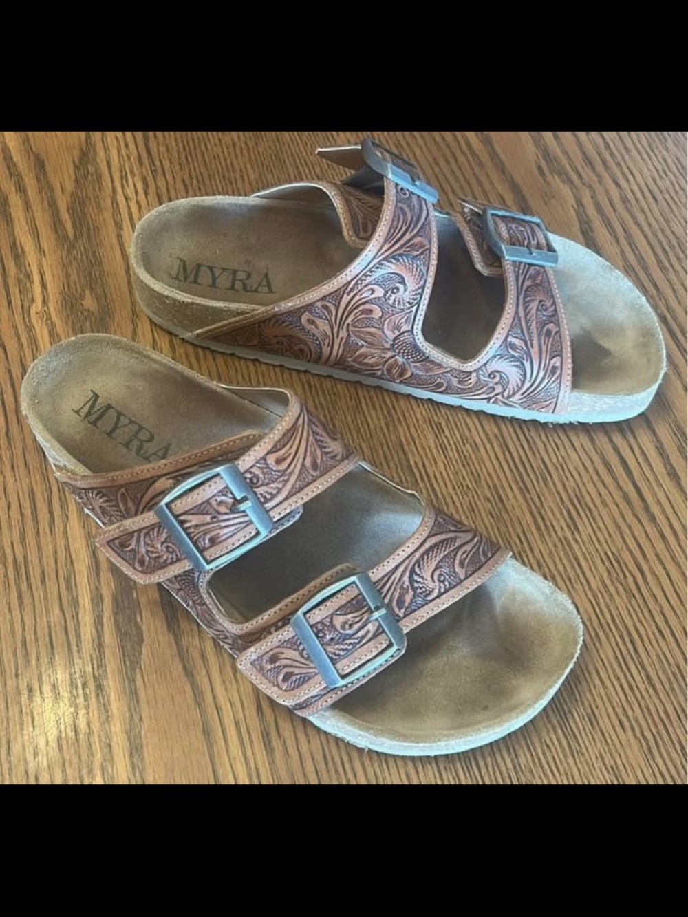 Myra Bag Copper Brown Embossed Double Buckle Sandals